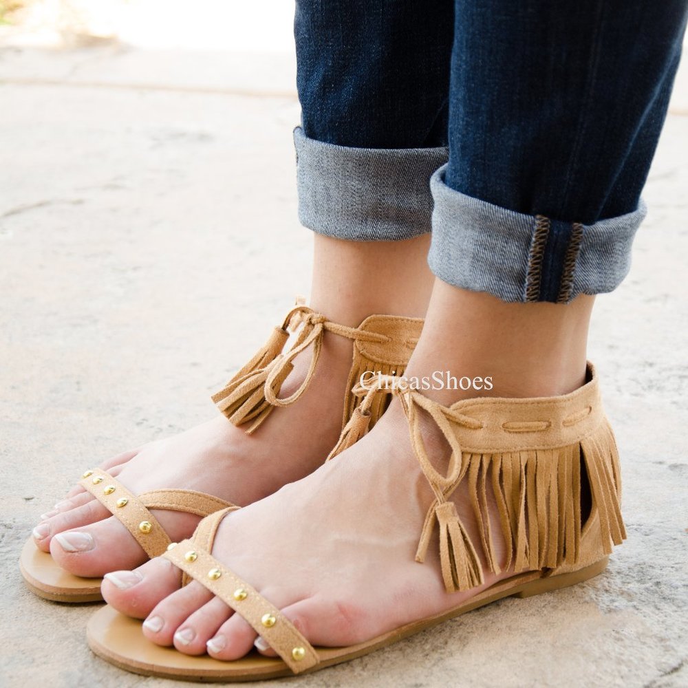 Women's Fringe Faux Suede Studded Flat Sandals